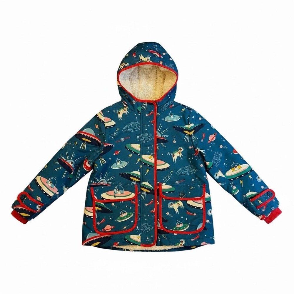 Mini Boden Dogs Outer Space Sherpa Lined Hooded Anorak Winter Jacket Size 6-7Y